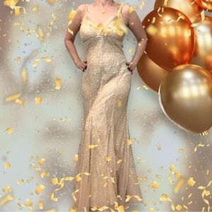 Teri Jon by Rickie Freeman heavily sequinned mermaid style gown, honey beige, 6